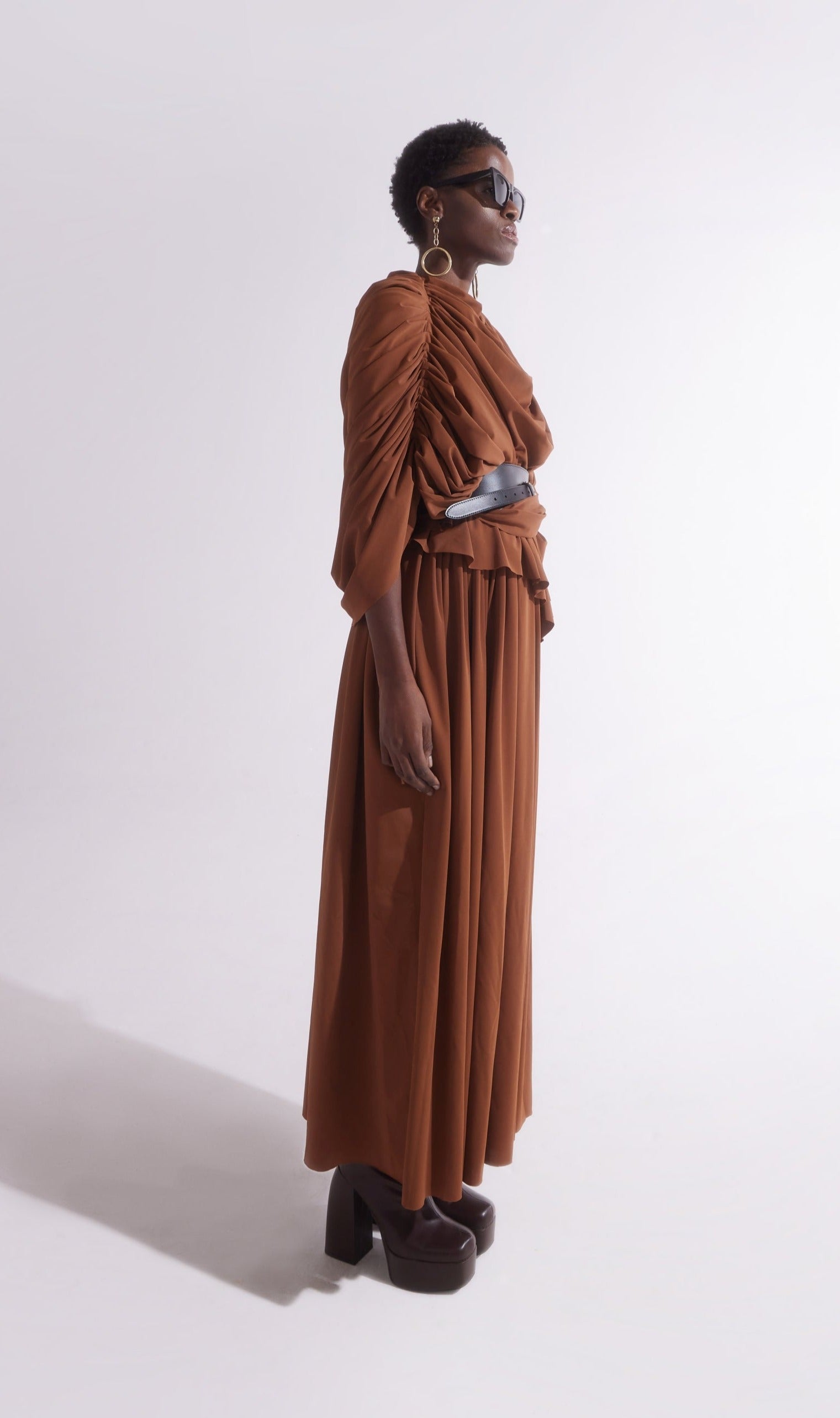 BROWN DRAPED TOGA DRESS