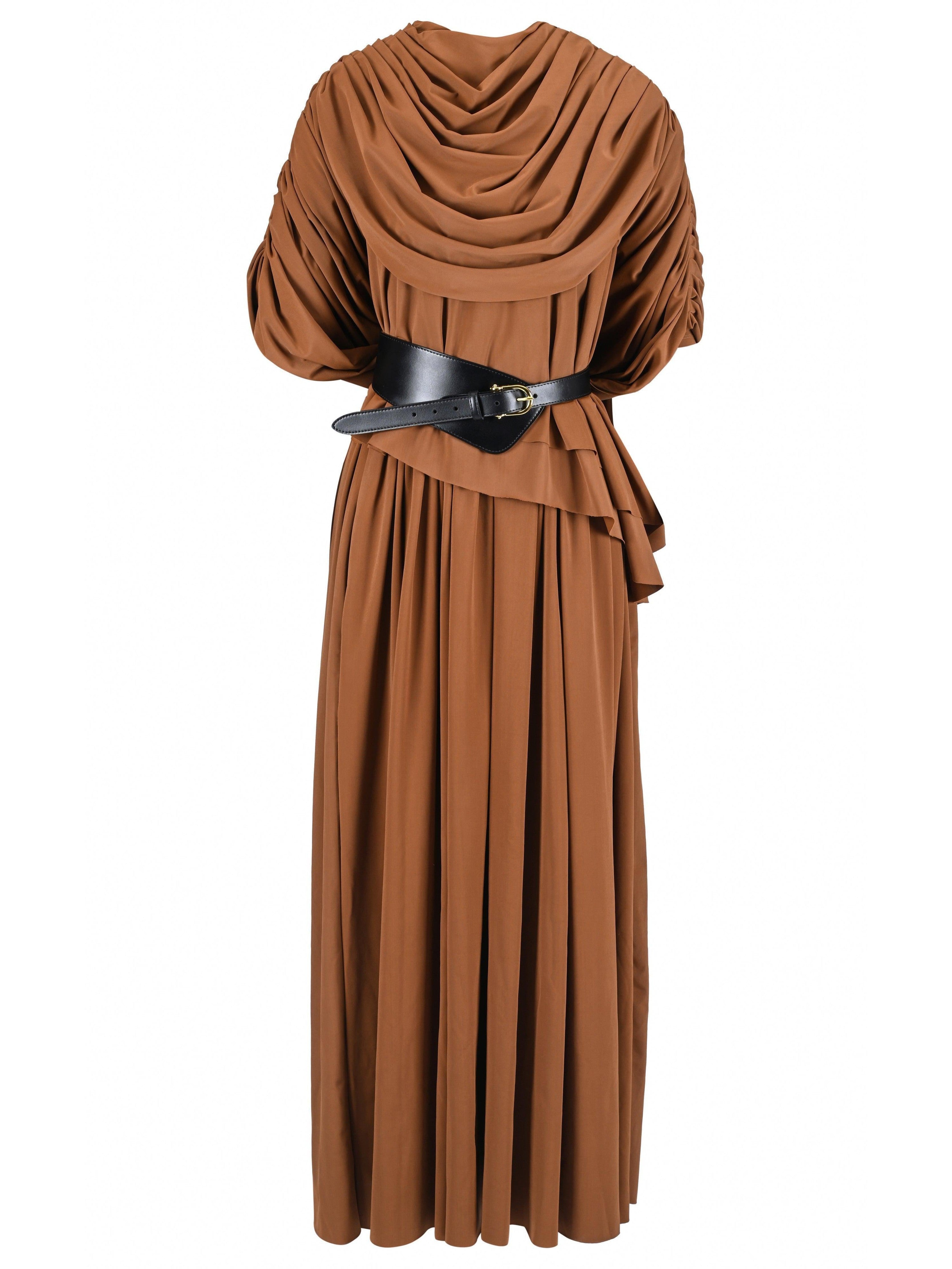 BROWN DRAPED TOGA DRESS