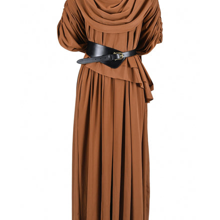 BROWN DRAPED TOGA DRESS