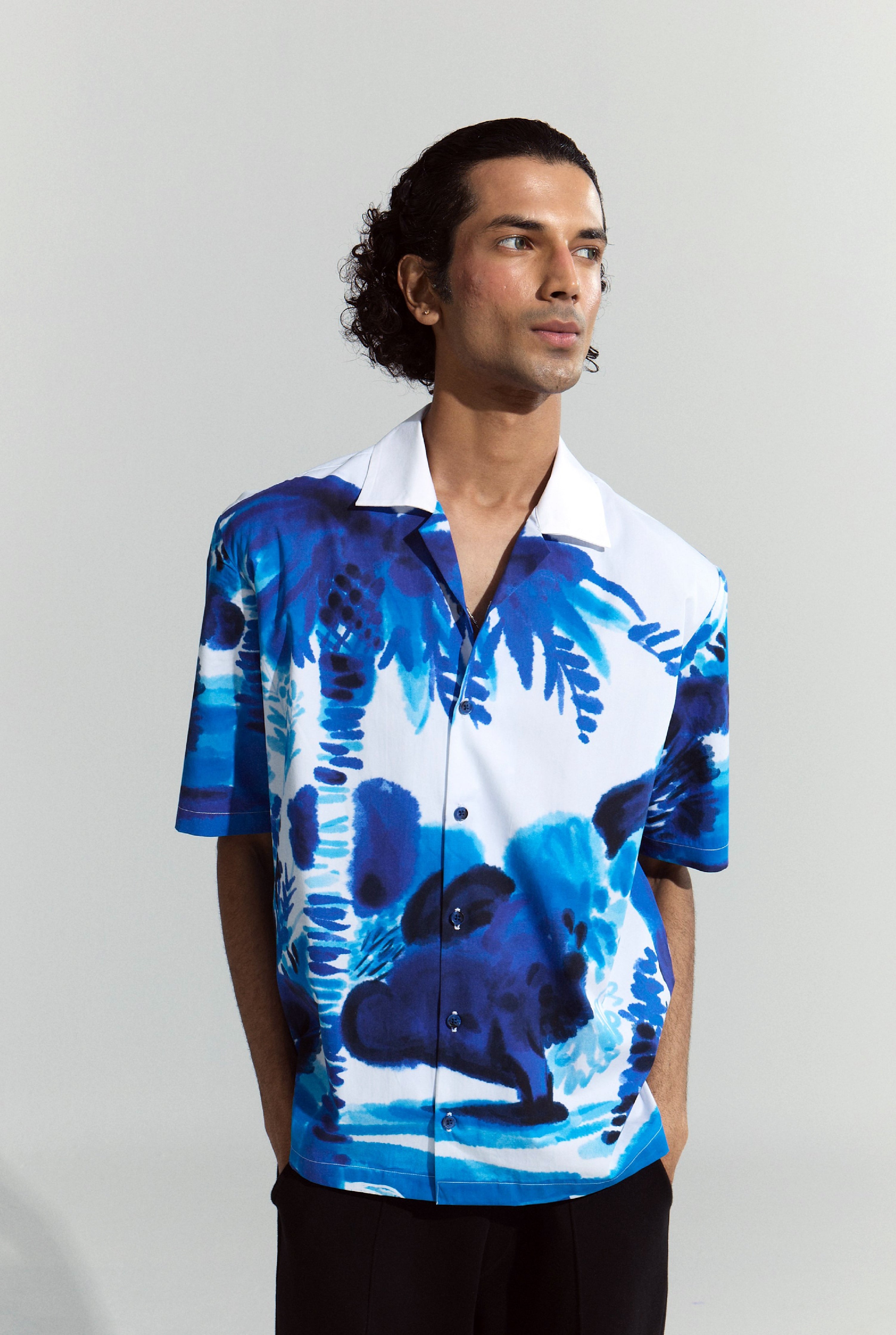 MENS CAMP COLLAR HALF SLEEVE SHIRT - CARIBBEAN