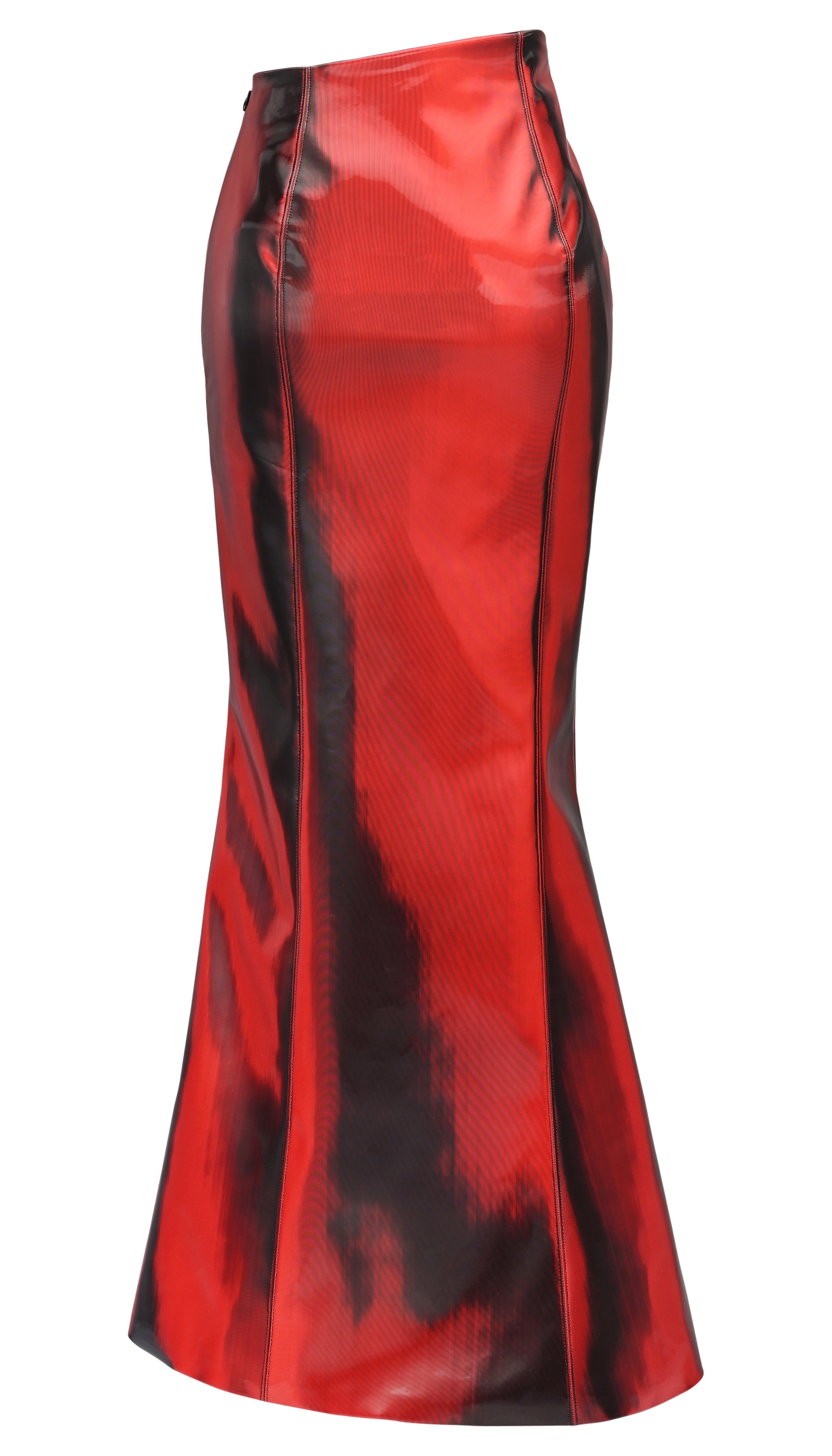 MOLTEN RED HOLOGRAPHIC VINYL ASYMETRIC LONG SKIRT