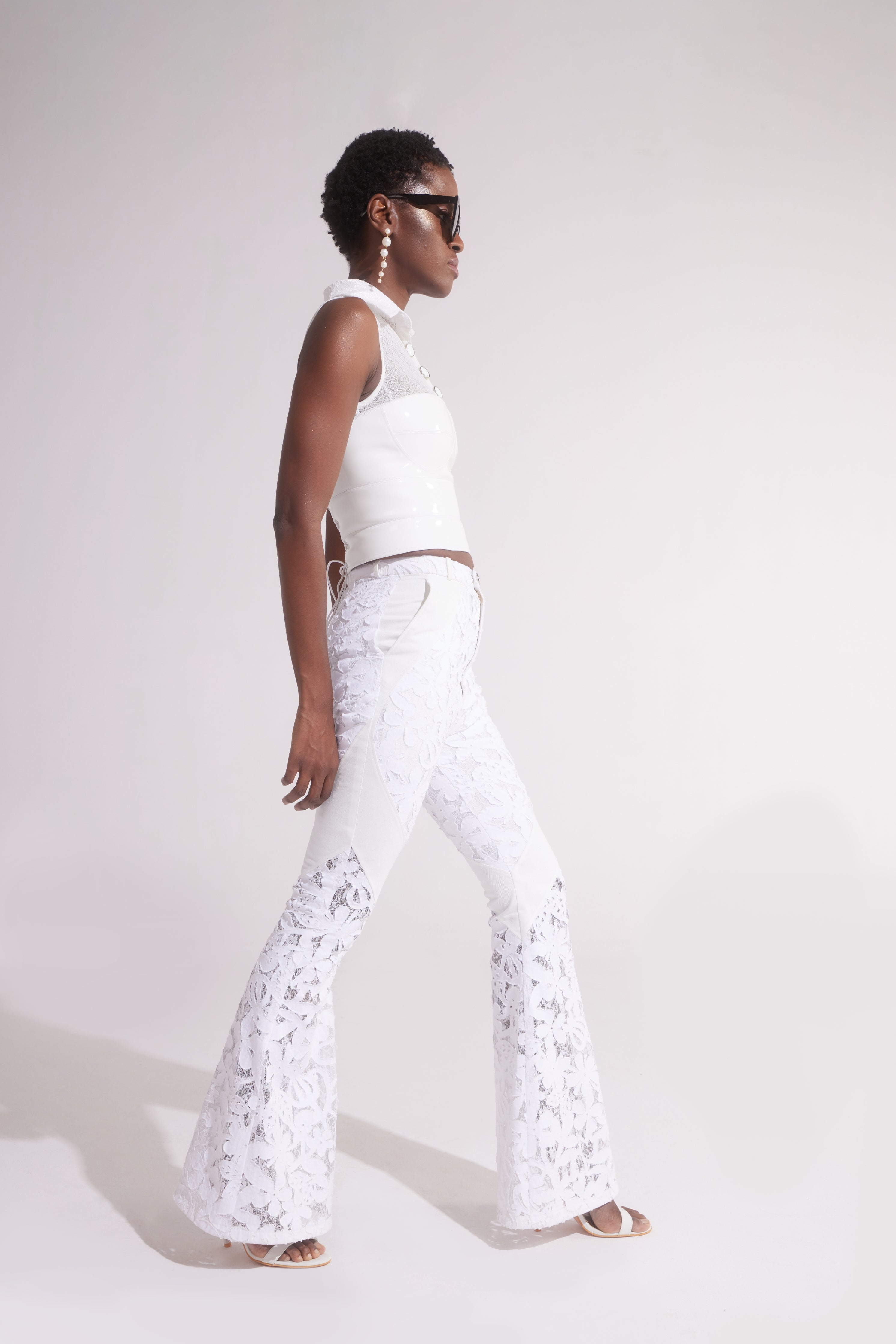 WHITE LACE AND DENIM FIT AND FLARE PANTS