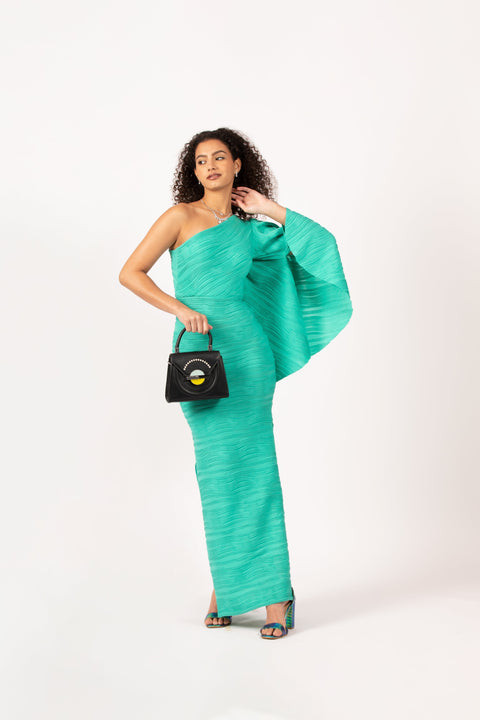 SEA GREEN WAVE PLEATED DRESS WITH SLIT