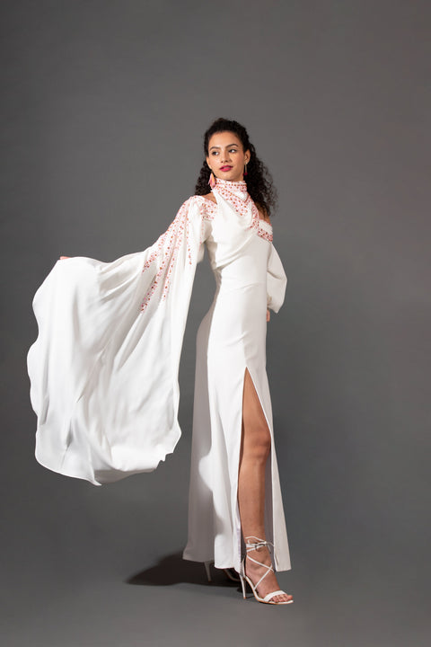 WHITE EMBROIDERED ASYMMETRIC DRESS WITH SLITS