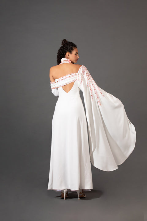 WHITE EMBROIDERED ASYMMETRIC DRESS WITH SLITS