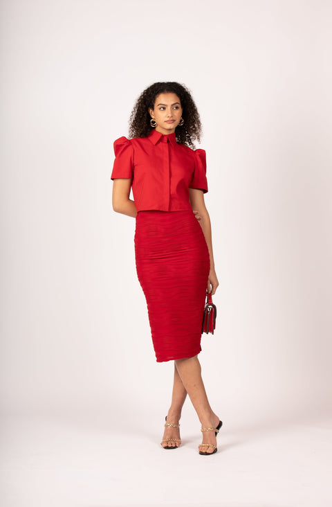 RED WAVE PLEATED SKIRT
