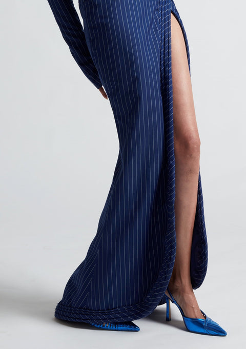BLUE DRAPED DRESS WITH HIGH RISE SLIT AND BACK CUT OUTS